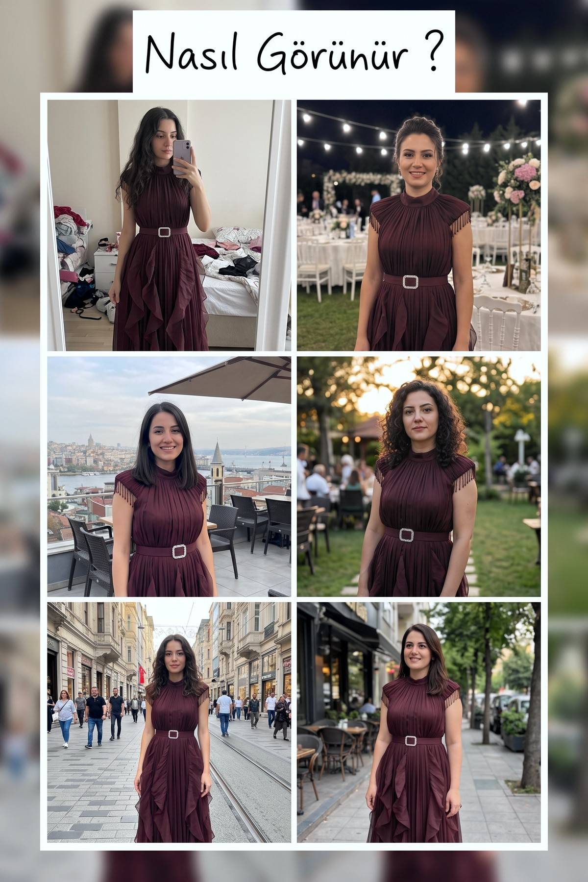 The ZKS kahverengi halter yaka kemerli abiye elbise, farklı mekanlarda giyim stilini gösteren kolaj