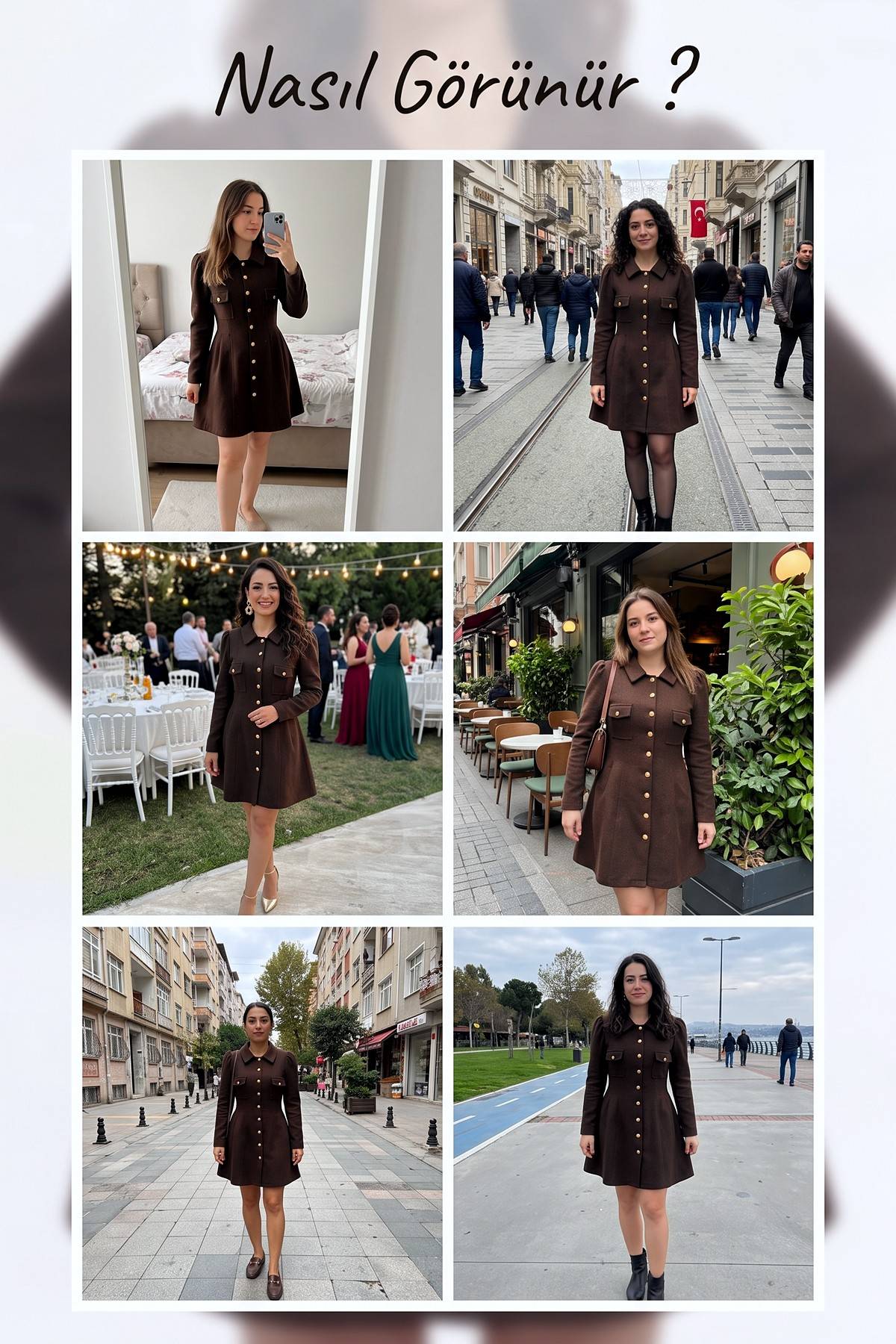 The ZKS kahverengi elbise farklı mekanlarda kullanımını gösteren kolaj, her karede model elbise ile