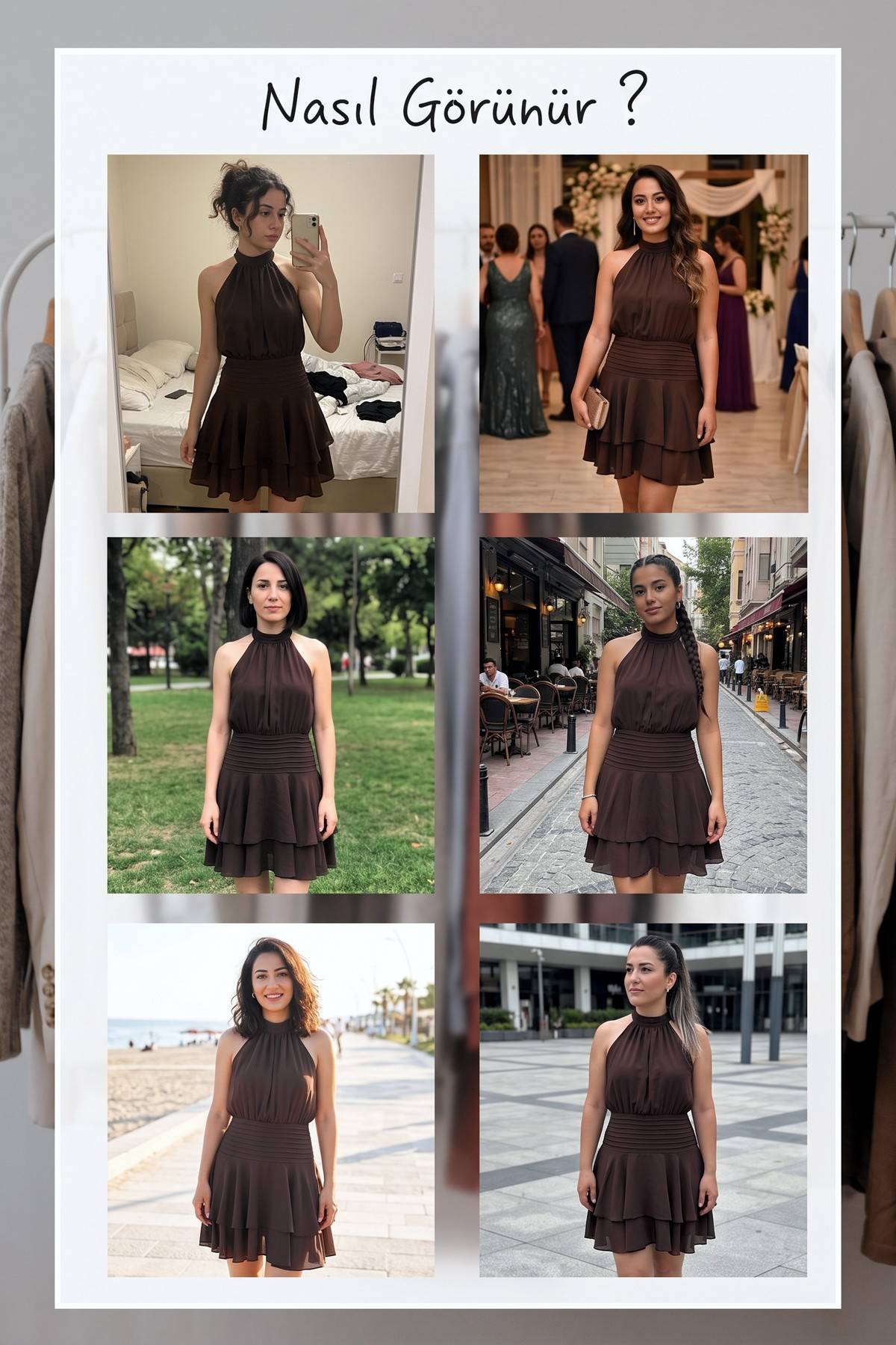 Farklı mekanlarda giyilmiş The ZKS kahverengi halter yaka mini elbise kombinleri kolajı