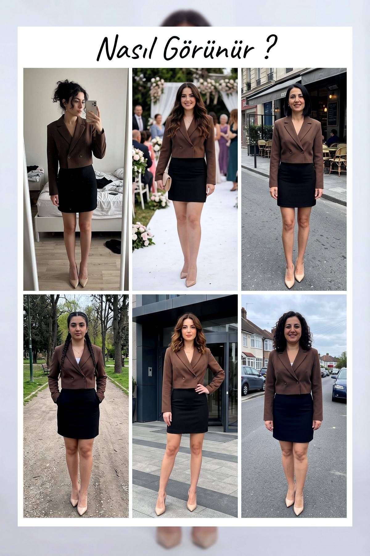 The ZKS kahverengi crop blazer ceket V yaka kruvaze düğmeli, farklı mekanlarda kombin görünümü