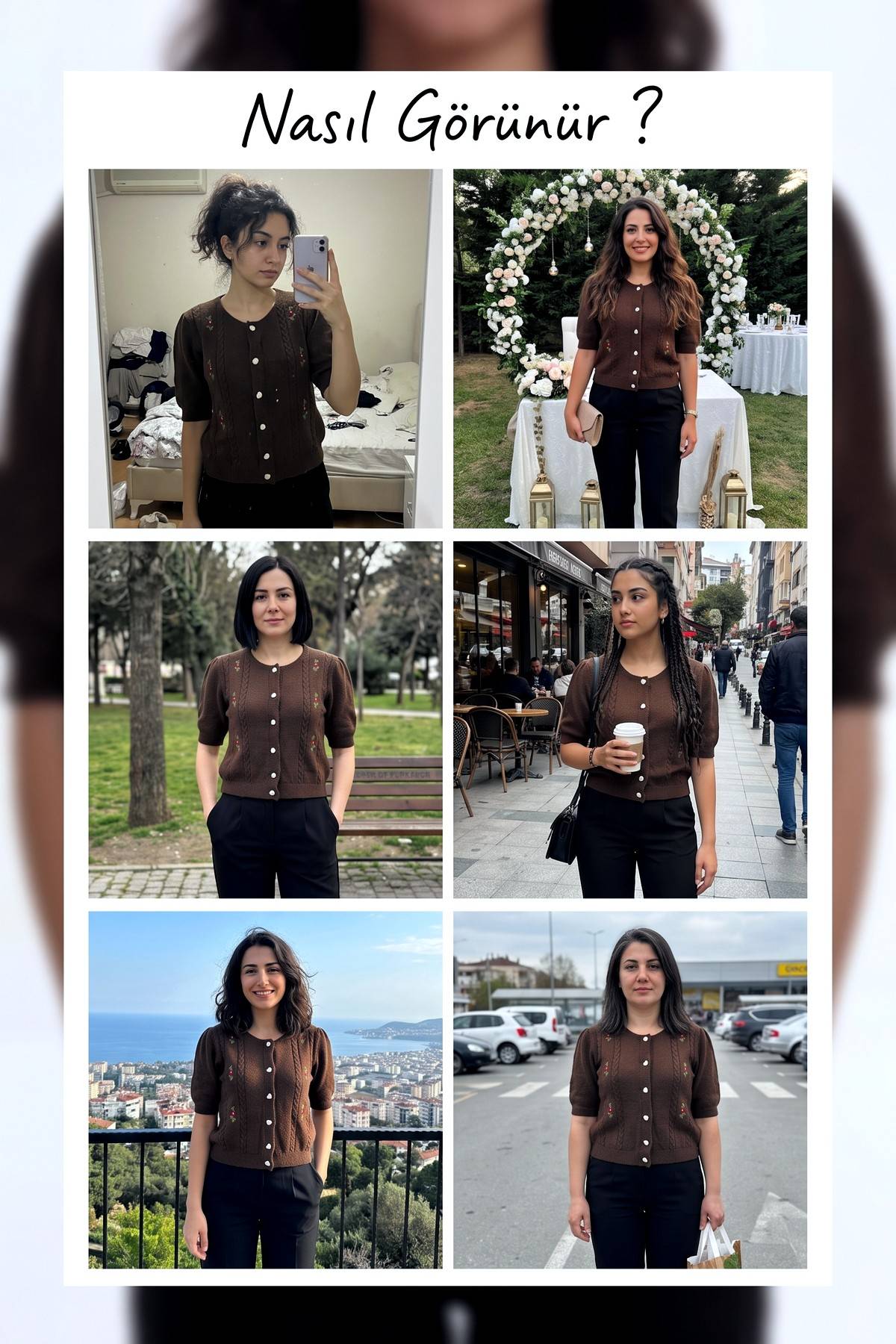 The ZKS kahverengi yarım kol işlemeli triko hırka, farklı ortamlarda kullanımını gösteren kolaj