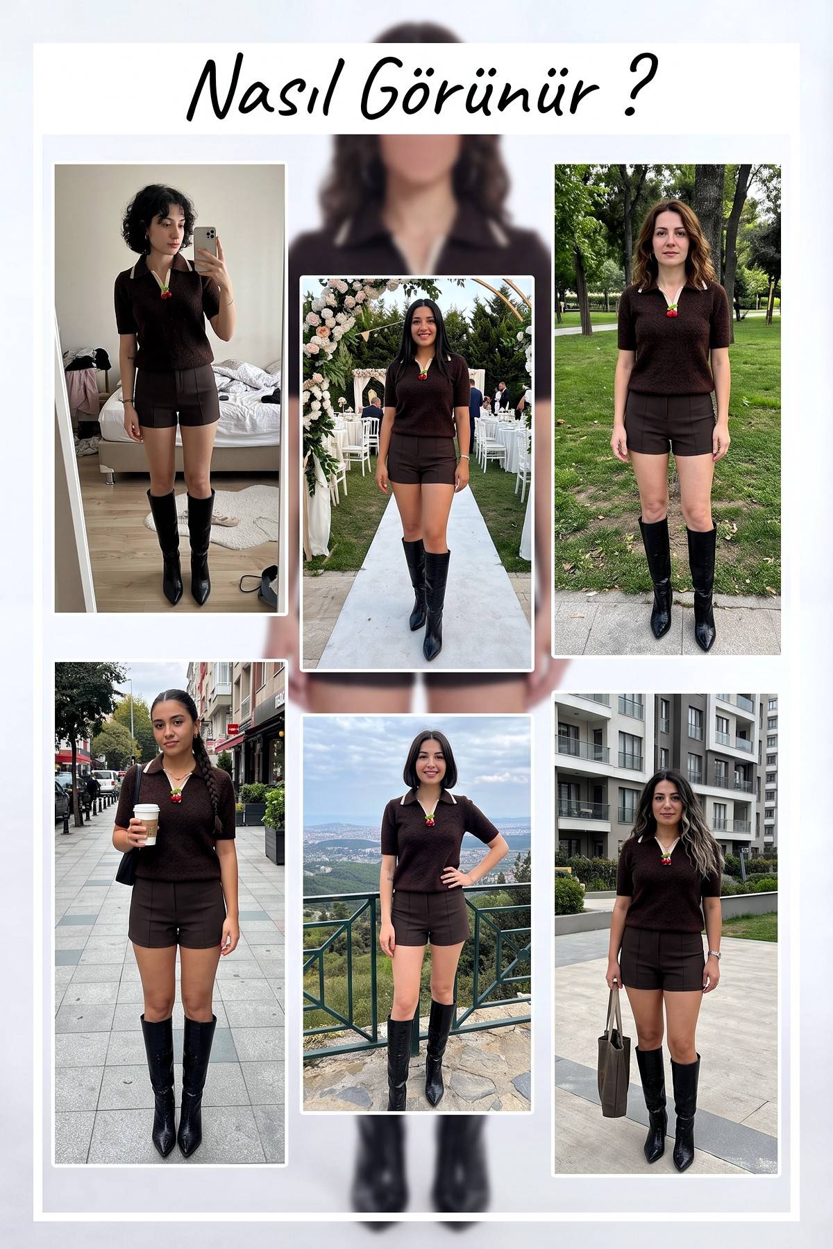 Farklı mekanlarda The ZKS kahverengi kazak ve şort kombiniyle çekilmiş altı farklı stil önerisi
