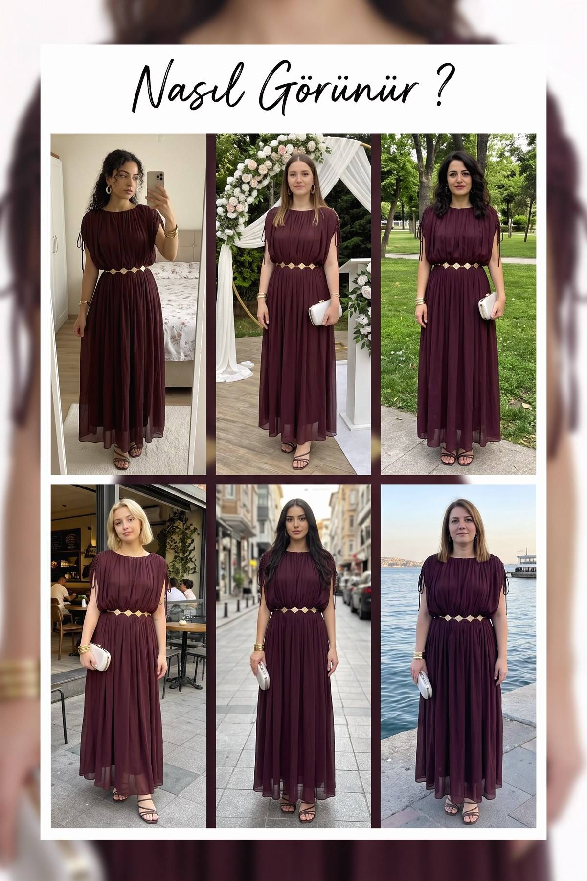 Farklı mekanlarda The ZKS kahverengi maxi boy abiye elbise giyen modellerin kombinleri.