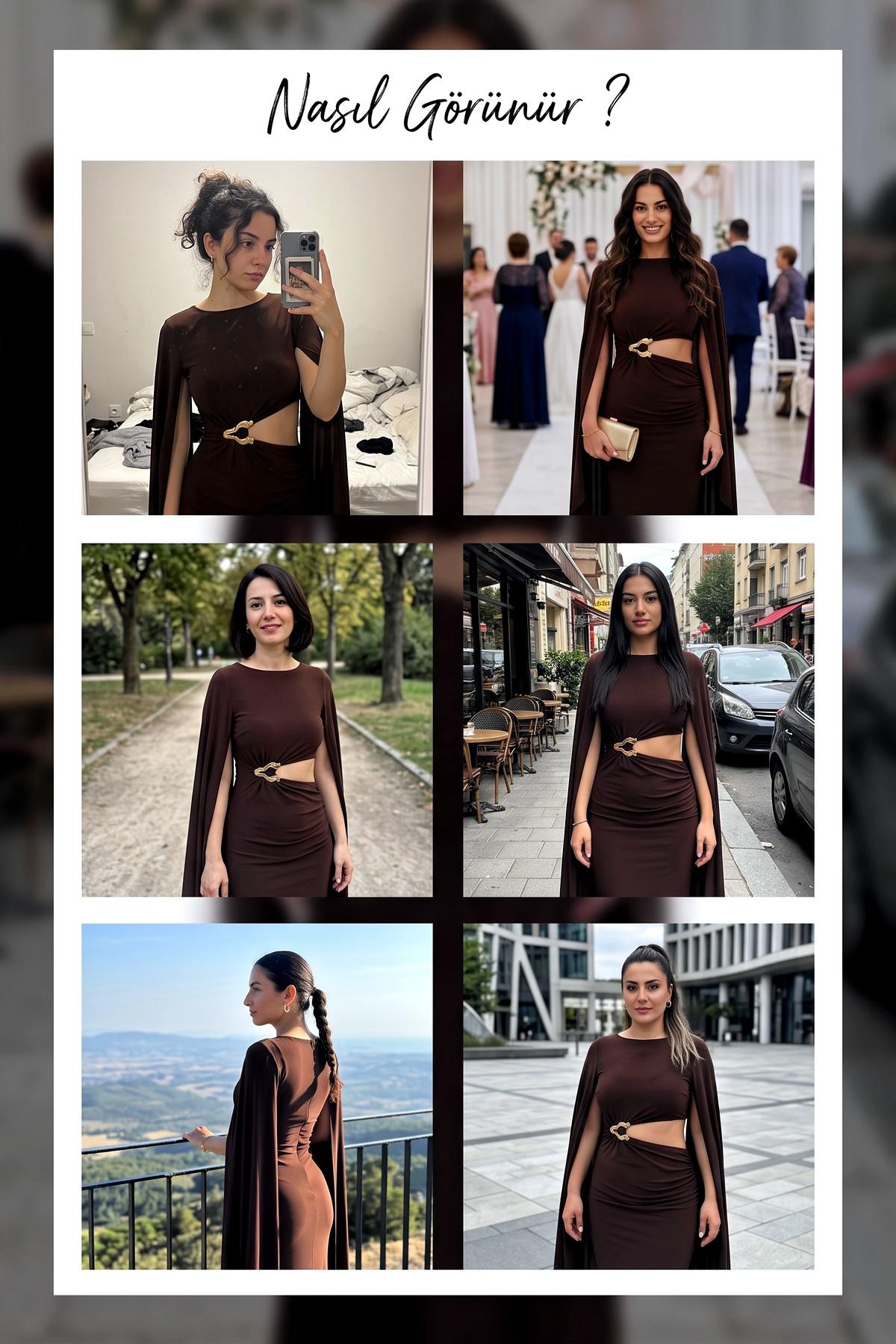 Model, kahverengi The ZKS abiye elbisesinin pelerin kolları ve bel dekoltesiyle poz veriyor.
