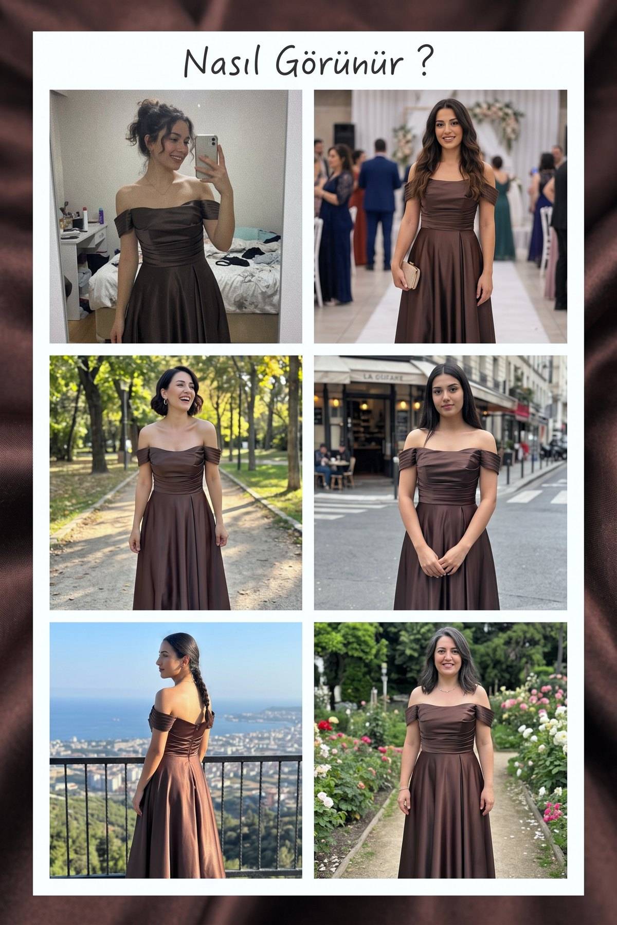 Kahverengi saten elbise, düşük omuzlu, drapeli üst kısım, farklı mekanlarda kullanım örnekleri