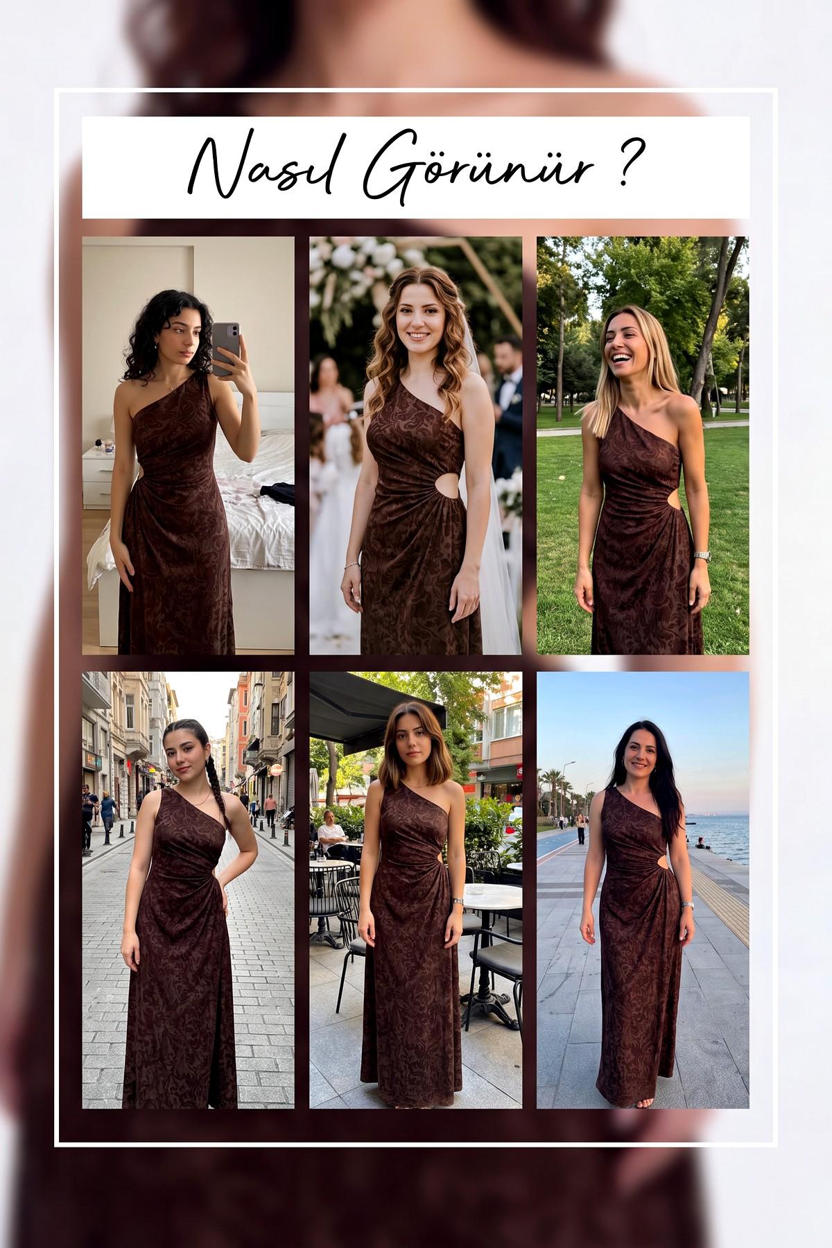 Farklı modeller The ZKS kahverengi tek omuzlu cut out detaylı maxi elbiseyi farklı mekanlarda giyerken gösteren kolaj