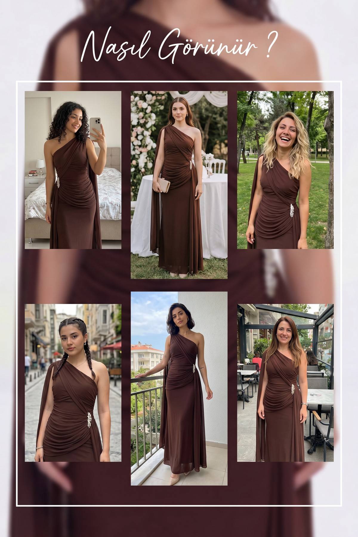 Farklı modellerin üzerinde The ZKS kahverengi tek omuz pelerinli abiye elbisenin çeşitli açılardan ve ortamlardaki görünümü.