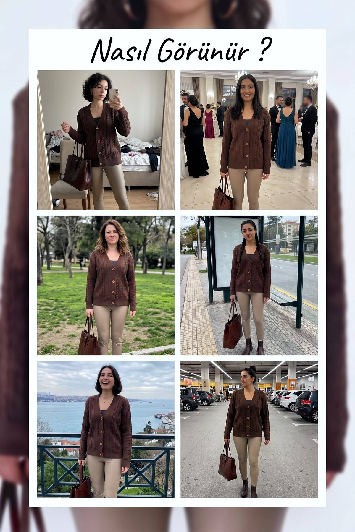 The ZKS kahverengi triko hırka, örgü desenli, düğmeli, V yaka, farklı mekanlarda kullanım önerileri