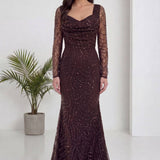 Kahverengi Uzun Kol Boncuk İşlemeli Degaje Yaka Abiye Elbise