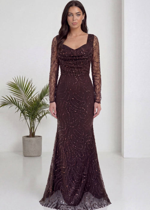 Kahverengi Uzun Kol Boncuk İşlemeli Degaje Yaka Abiye Elbise