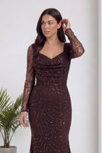 The ZKS kahverengi degaje yaka boncuk işlemeli abiye elbise ön üst beden detaylı görünüm