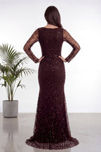 The ZKS kahverengi degaje yaka boncuk işlemeli abiye elbise arka tam görünüm