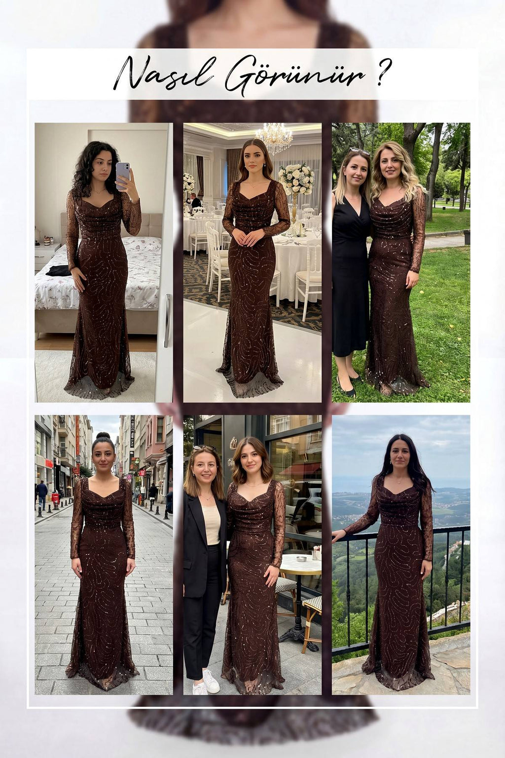 The ZKS kahverengi boncuk işlemeli degaje yaka abiye elbise farklı mekanlarda kullanım örnekleri