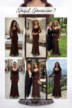 The ZKS kahverengi boncuk işlemeli degaje yaka abiye elbise farklı mekanlarda kullanım örnekleri