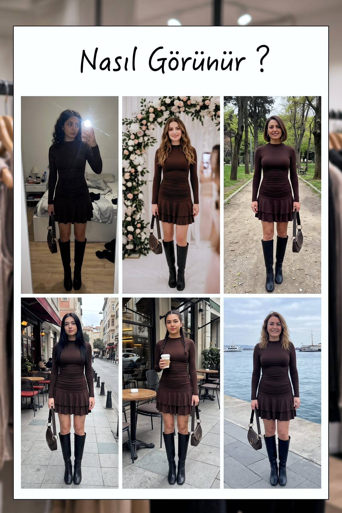 The ZKS kahverengi fırfırlı mini elbise farklı mekanlarda kombin önerileri, kolaj görsel