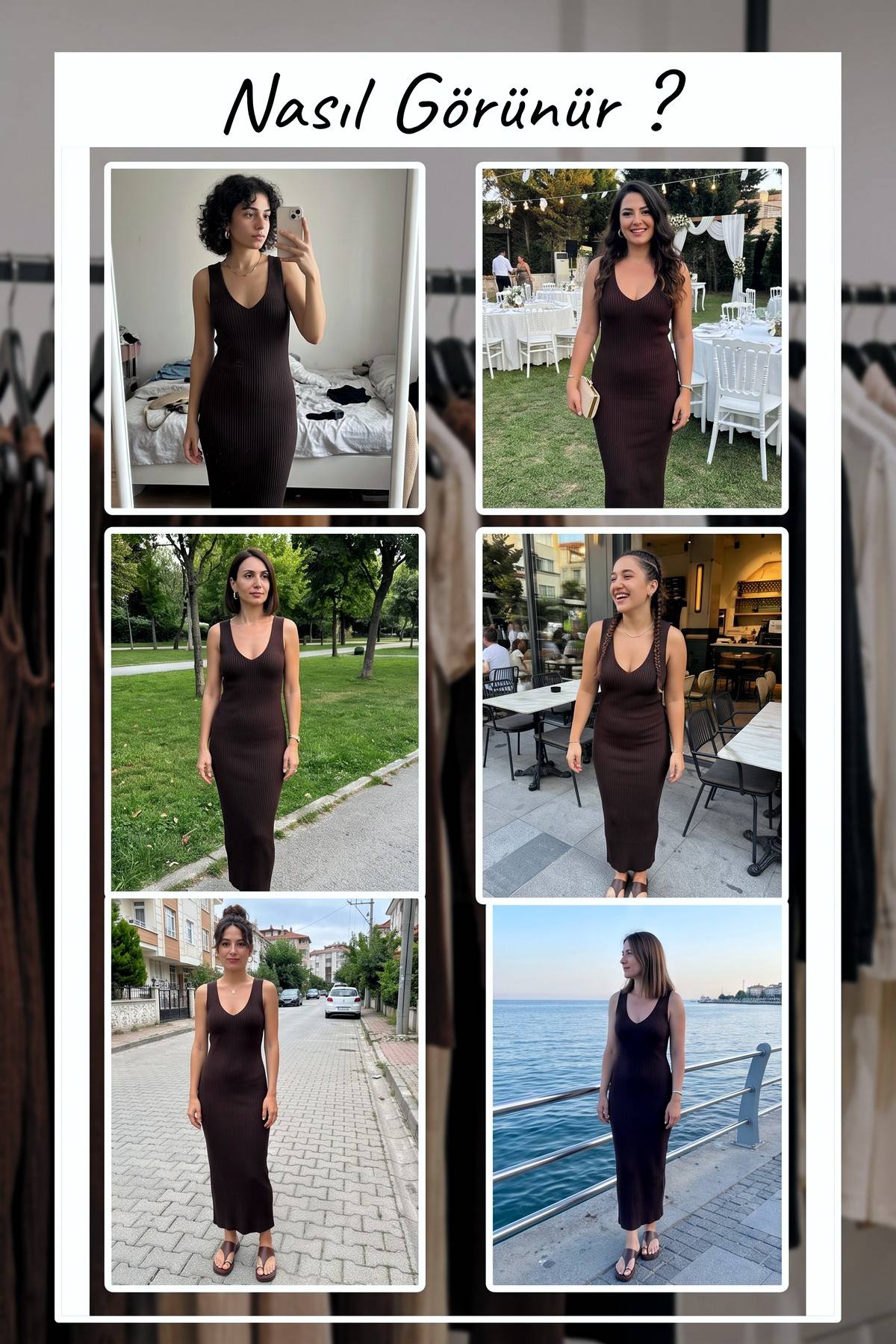 The ZKS V yaka fitilli midi boy kolsuz elbise kahverengi, farklı mekanlarda kullanımını gösteren kolaj