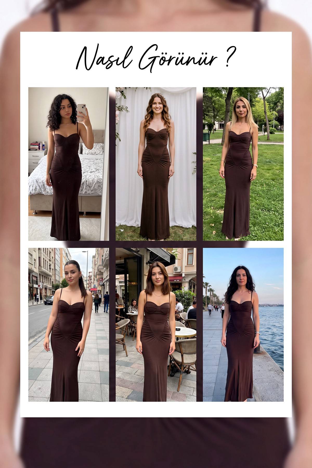 The ZKS yan drapeli gloplu askılı maxi elbise kahverengi, farklı mekanlarda farklı kombinlerle kullanımını gösteren kolaj.