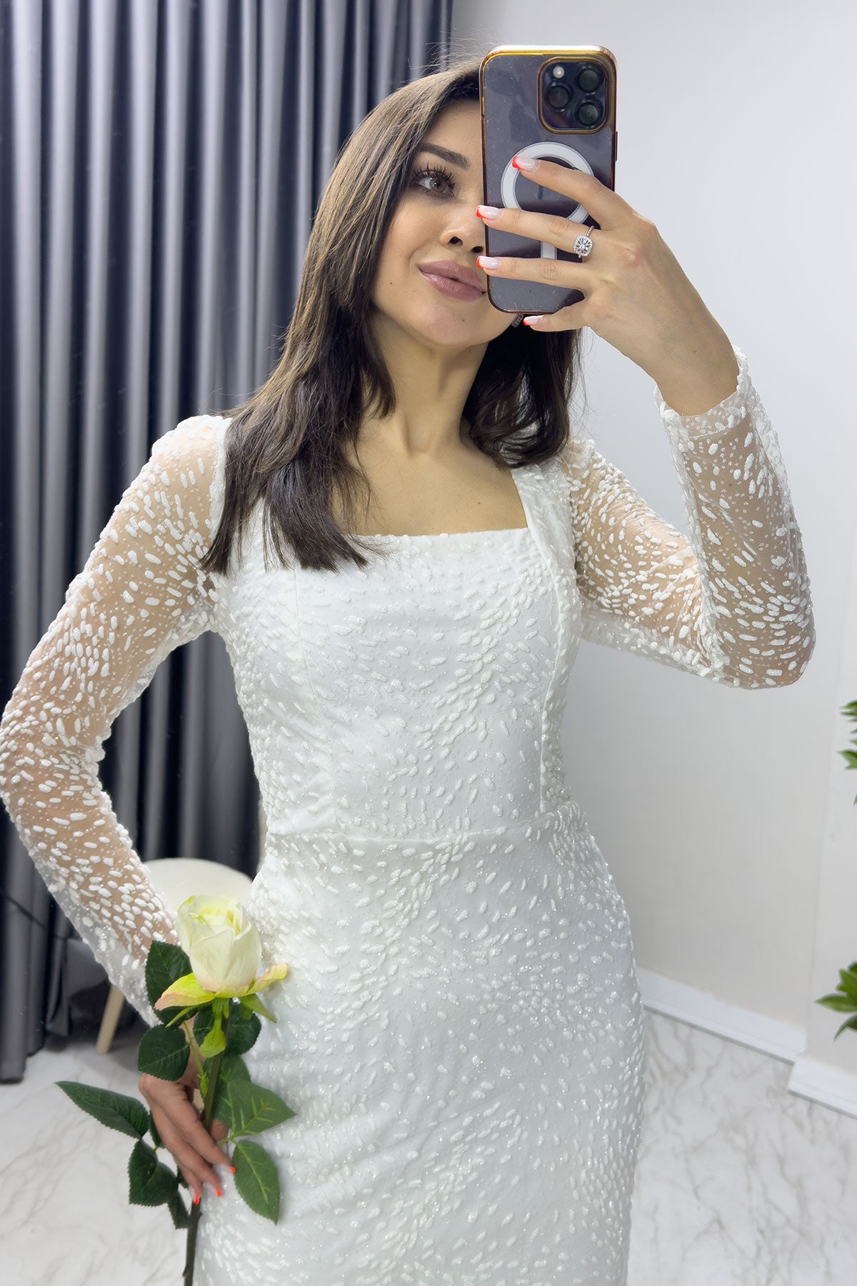 Beyaz Kare Yaka Simli Uzun Kol Midi Abiye Elbise Yeni Desen