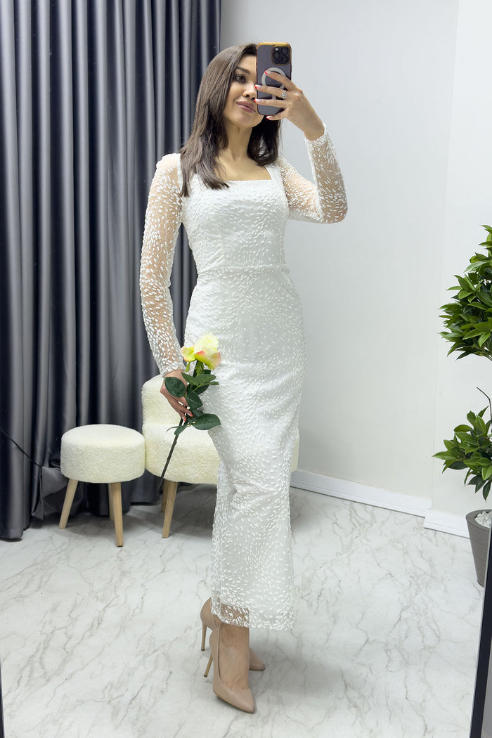 Beyaz Kare Yaka Simli Uzun Kol Midi Abiye Elbise Yeni Desen