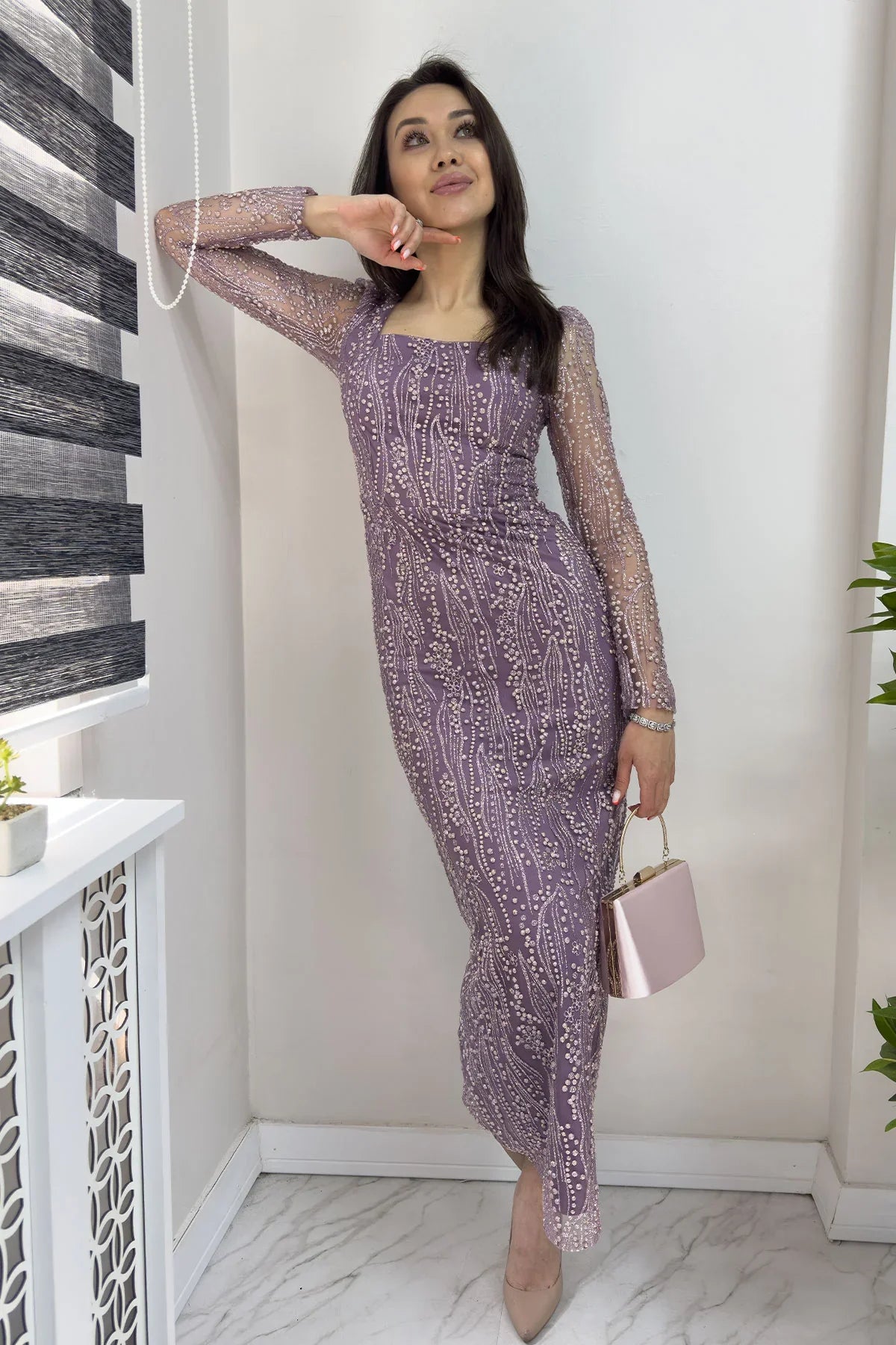 Lila Kare Yaka Simli Uzun Kol Midi Abiye Elbise