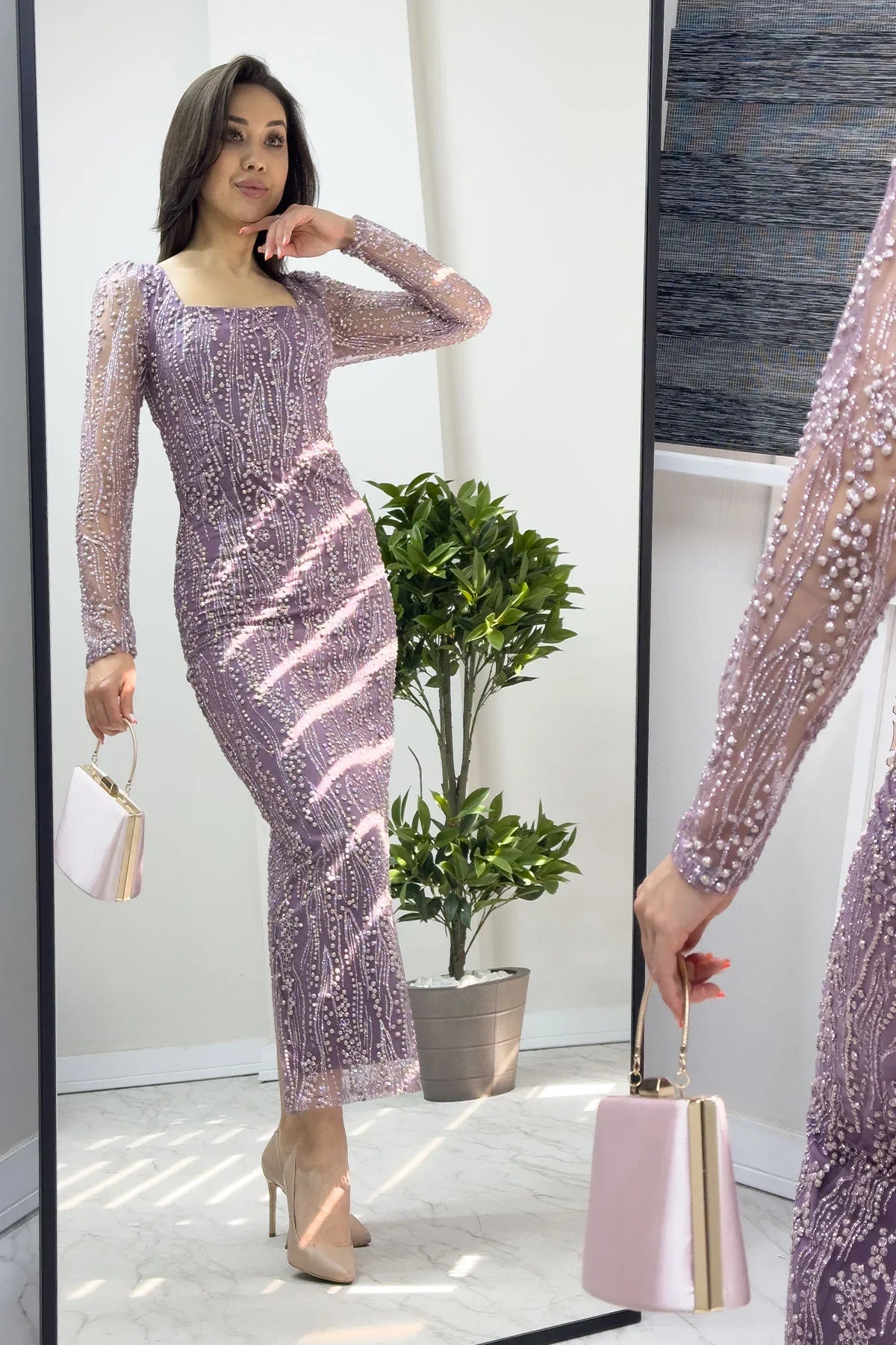 Lila Kare Yaka Simli Uzun Kol Midi Abiye Elbise