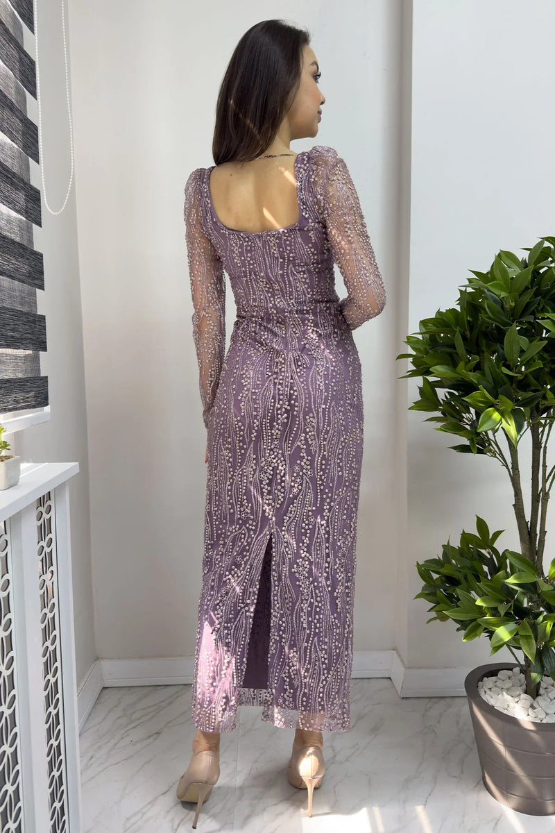 Lila Kare Yaka Simli Uzun Kol Midi Abiye Elbise