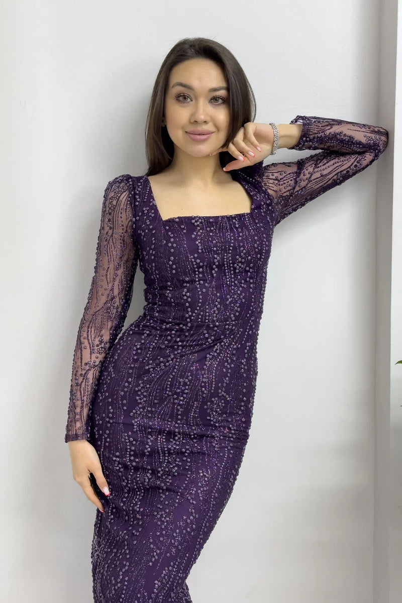 Mor Kare Yaka Simli Uzun Kol Midi Abiye Elbise