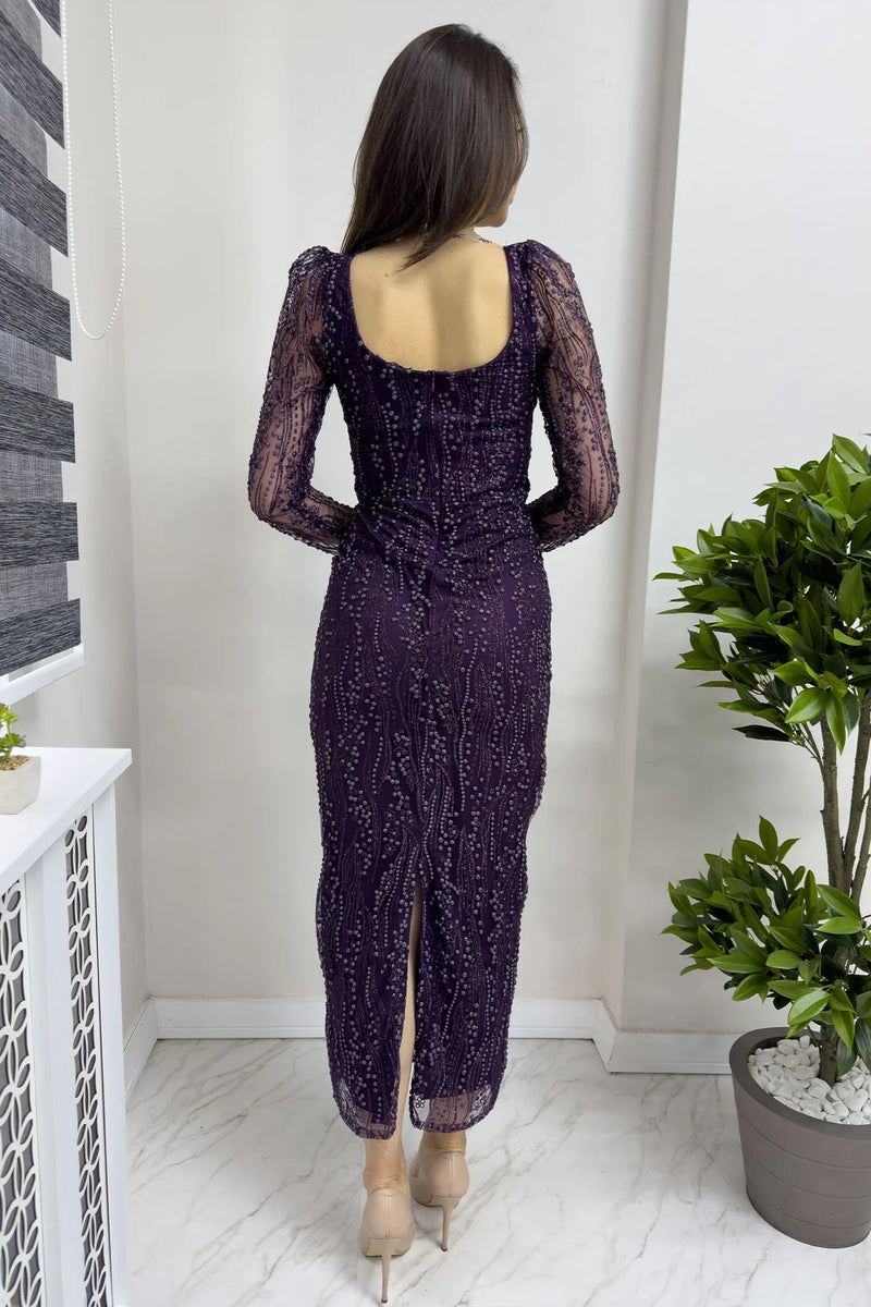 Mor Kare Yaka Simli Uzun Kol Midi Abiye Elbise