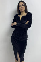 Kadın Siyah Kalp Yaka Drapeli Kadife Yeni Sezon Abiye Elbise

