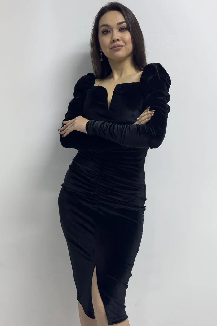 Kadın Siyah Kalp Yaka Drapeli Kadife Yeni Sezon Abiye Elbise

