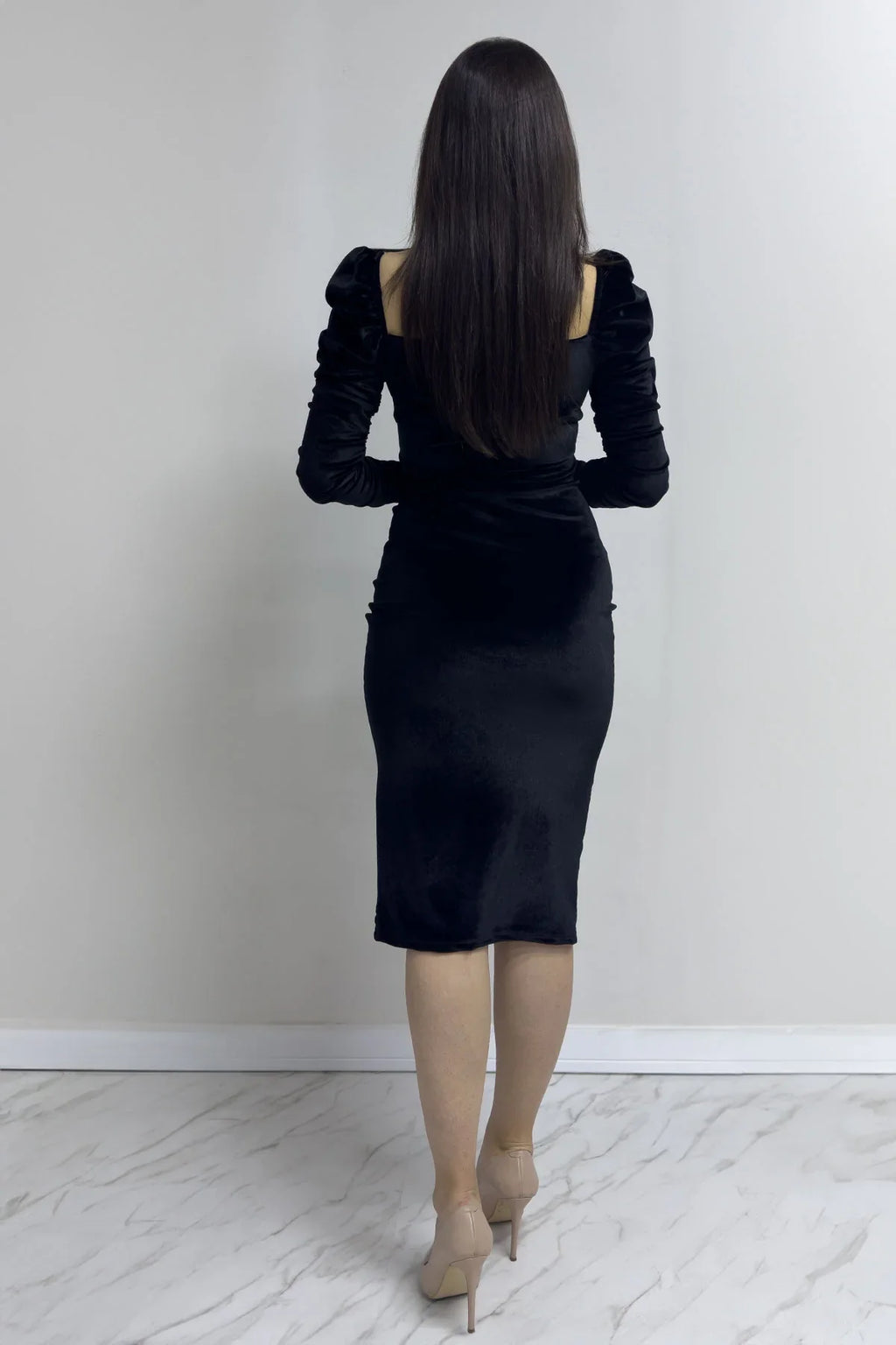 Kadın Siyah Kalp Yaka Drapeli Kadife Yeni Sezon Abiye Elbise

