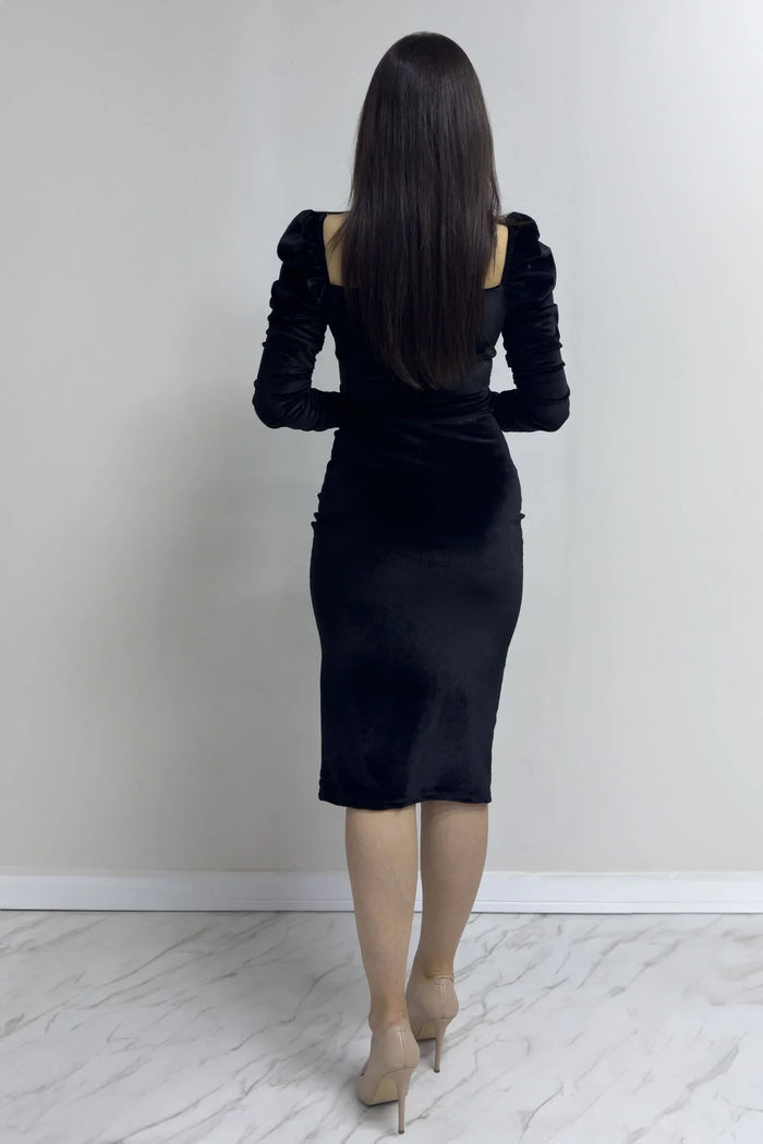 Kadın Siyah Kalp Yaka Drapeli Kadife Yeni Sezon Abiye Elbise

