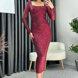 Bordo Kare Yaka Pul Payet Abiye Elbise