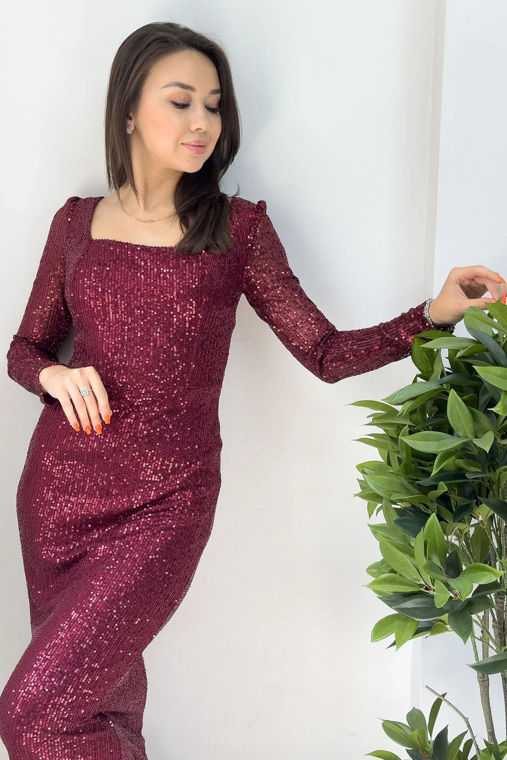 Bordo Kare Yaka Pul Payet Abiye Elbise