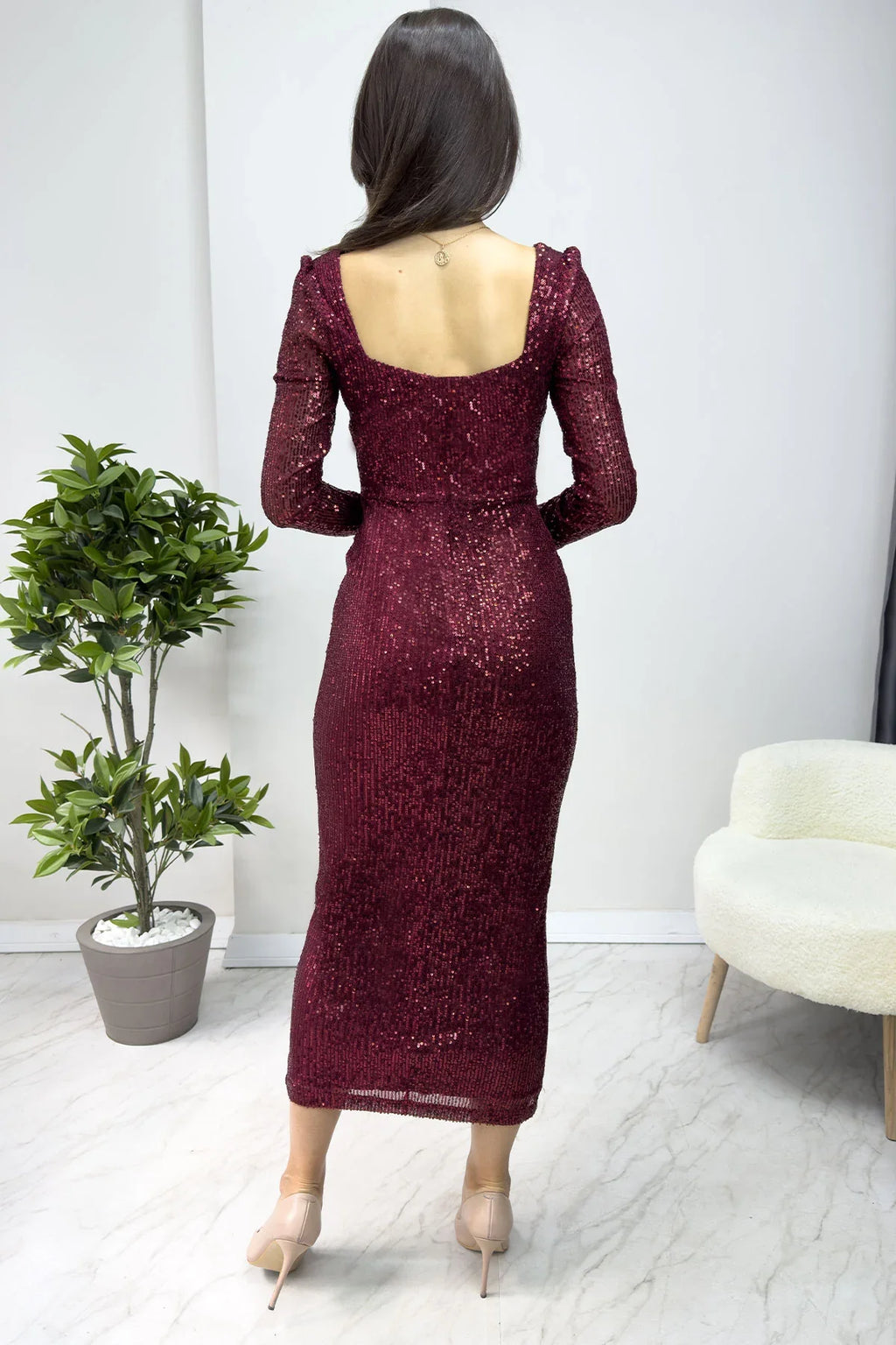 Bordo Kare Yaka Pul Payet Abiye Elbise