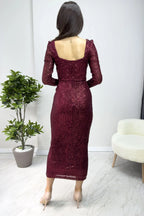 Bordo Kare Yaka Pul Payet Abiye Elbise