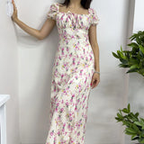 Kadın Krem Yaka Bağcıklı Çiçekli Kısa Kol Elbise