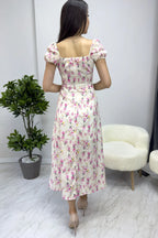 Kadın Krem Yaka Bağcıklı Çiçekli Kısa Kol Elbise