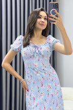 Kadın Mavi Yaka Bağcıklı Çiçekli Kısa Kol Elbise