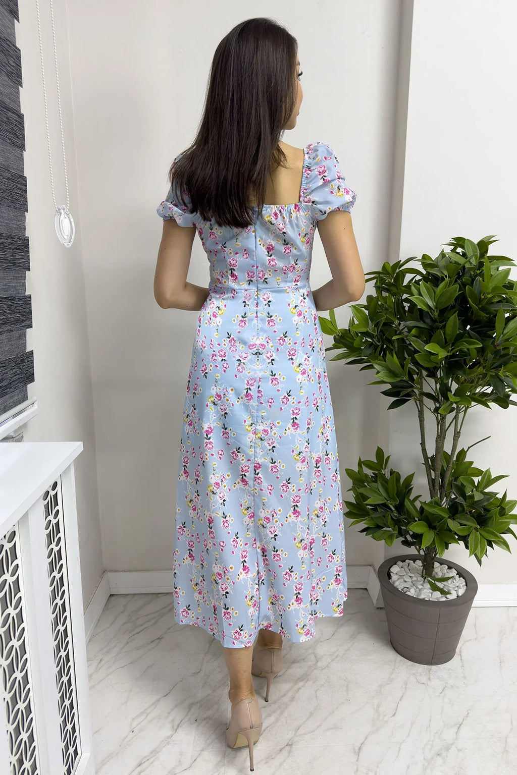 Kadın Mavi Yaka Bağcıklı Çiçekli Kısa Kol Elbise