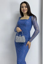 İndigo Kare Yaka Gold Simli Uzun Kol Midi Abiye Elbise

