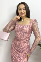 Pudra Kare Yaka Gold Simli Uzun Kol Midi Abiye Elbise