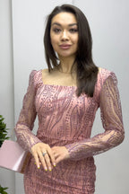 Pudra Kare Yaka Gold Simli Uzun Kol Midi Abiye Elbise