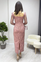 Pudra Kare Yaka Gold Simli Uzun Kol Midi Abiye Elbise