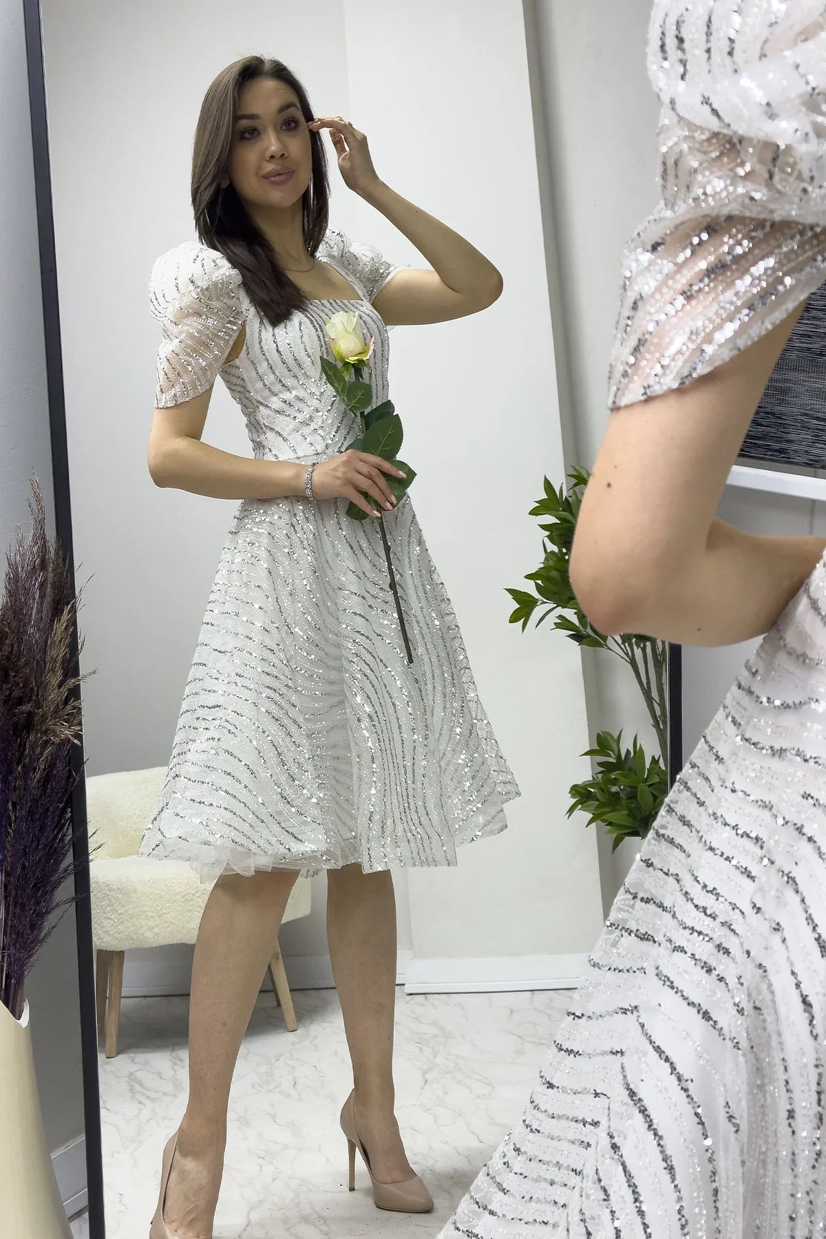 Beyaz Volanlı Kare Yaka Karpuz Kol Kloş Abiye Elbise

