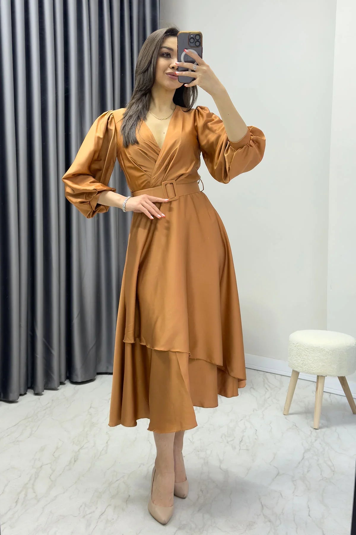 Kiremit Kemerli Saten Büyük Beden Abiye Elbise