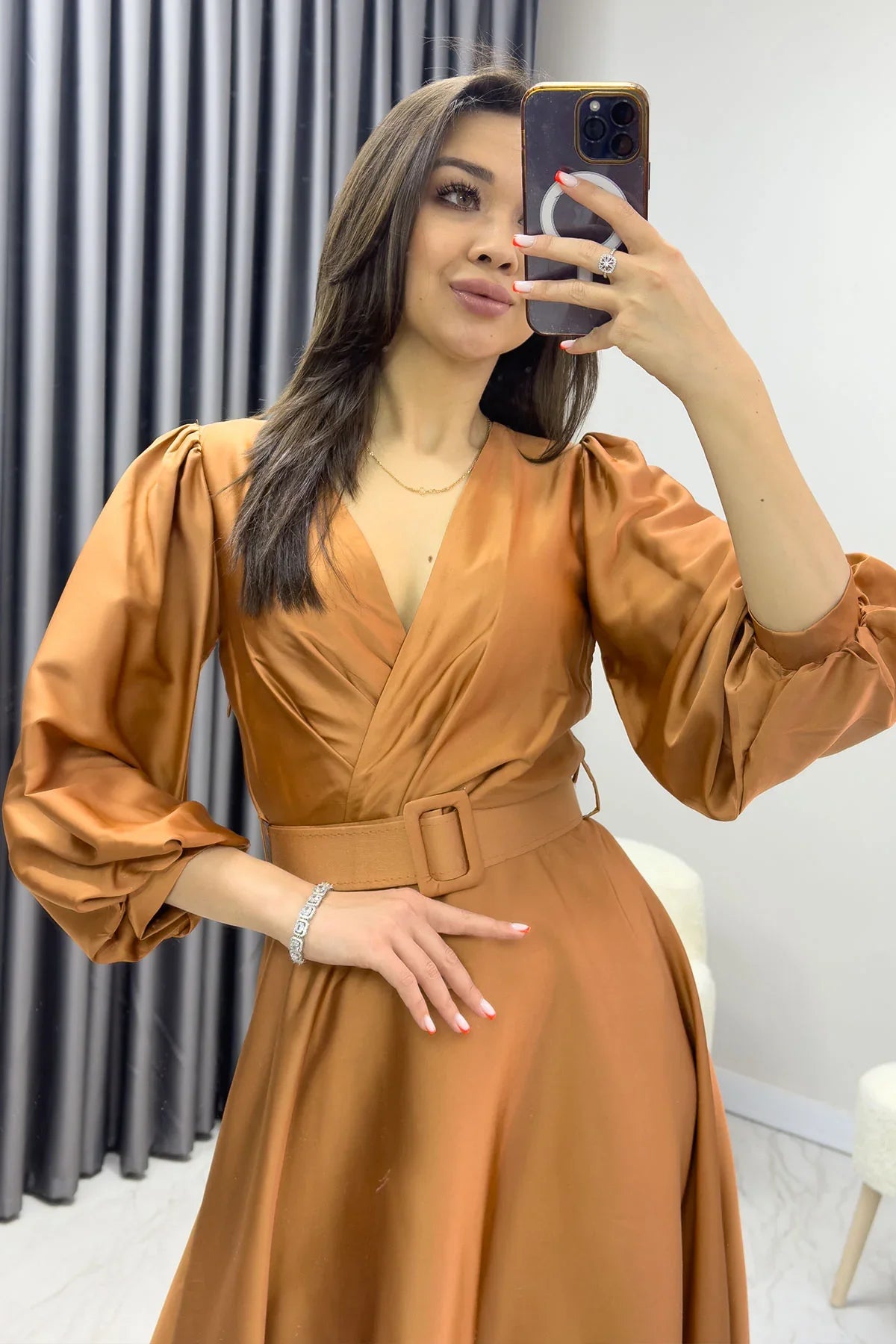 Kiremit Kemerli Saten Büyük Beden Abiye Elbise