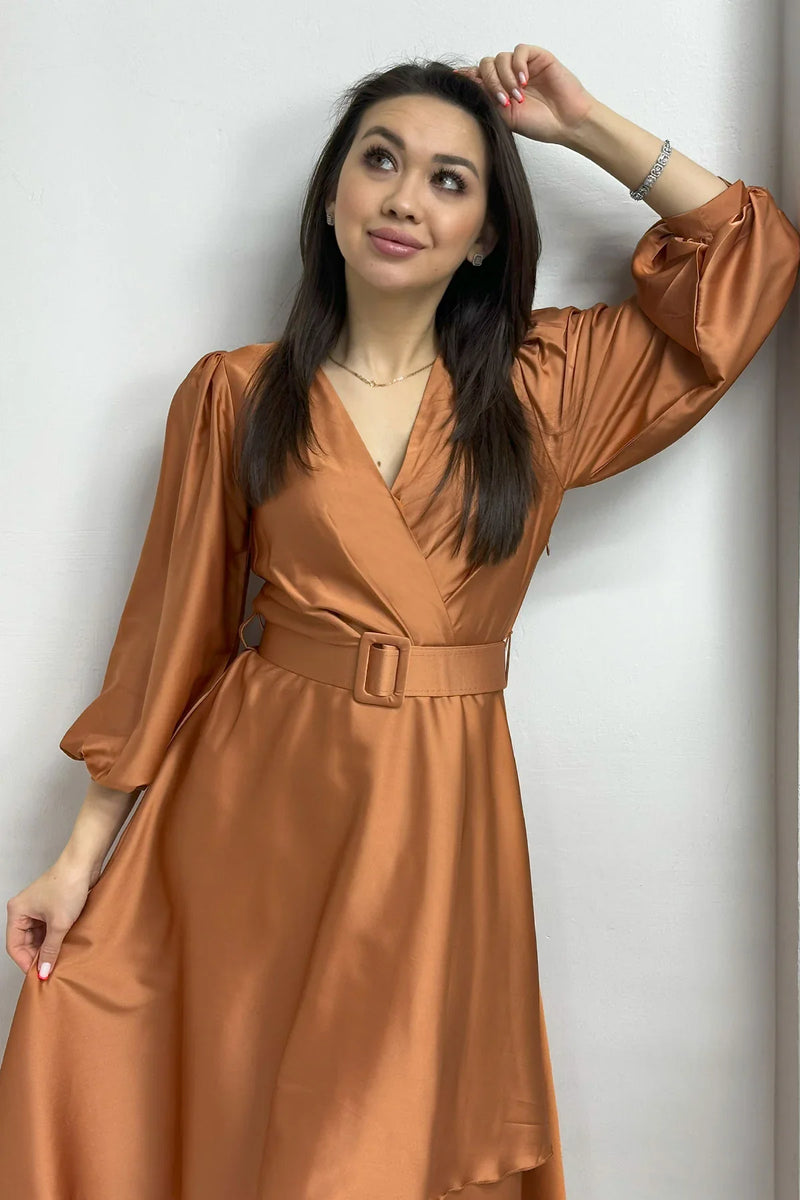 Kiremit Kemerli Saten Büyük Beden Abiye Elbise