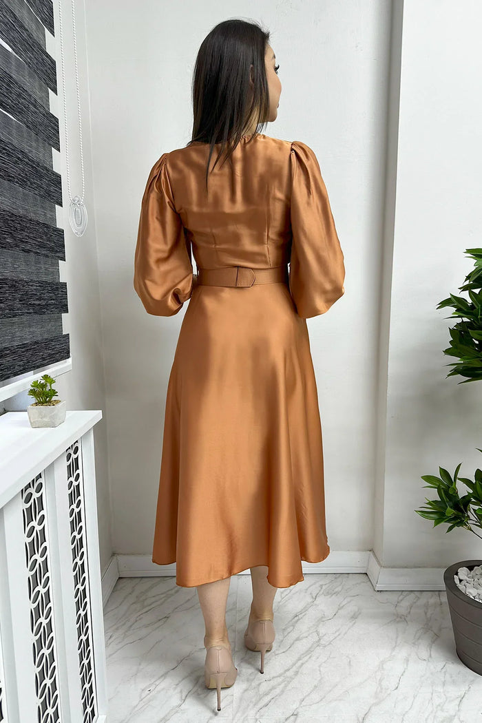 Kiremit Kemerli Saten Büyük Beden Abiye Elbise