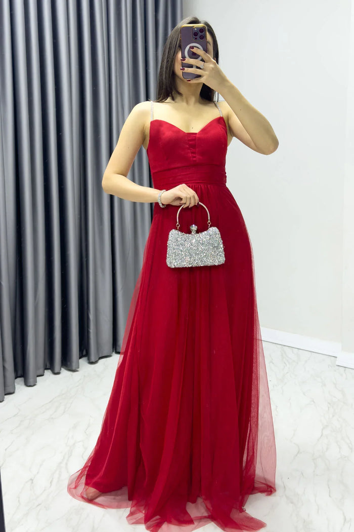 Kadın Kırmızı Taş Askılı Ayarlanabilir Yırtmaçlı Büyük Beden Abiye Elbise

